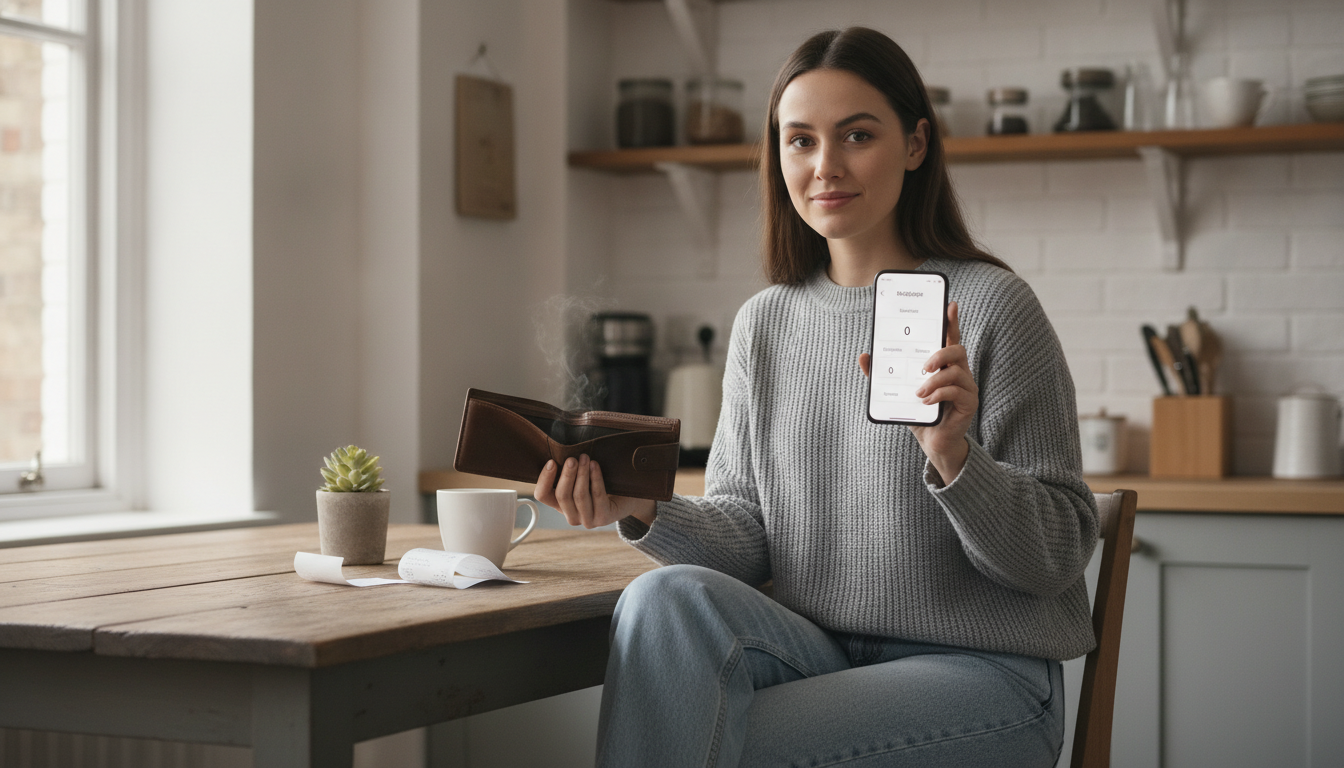 Frau mit leerem Portemonnaie startet Side Hustle ohne Startkapital am Küchentisch