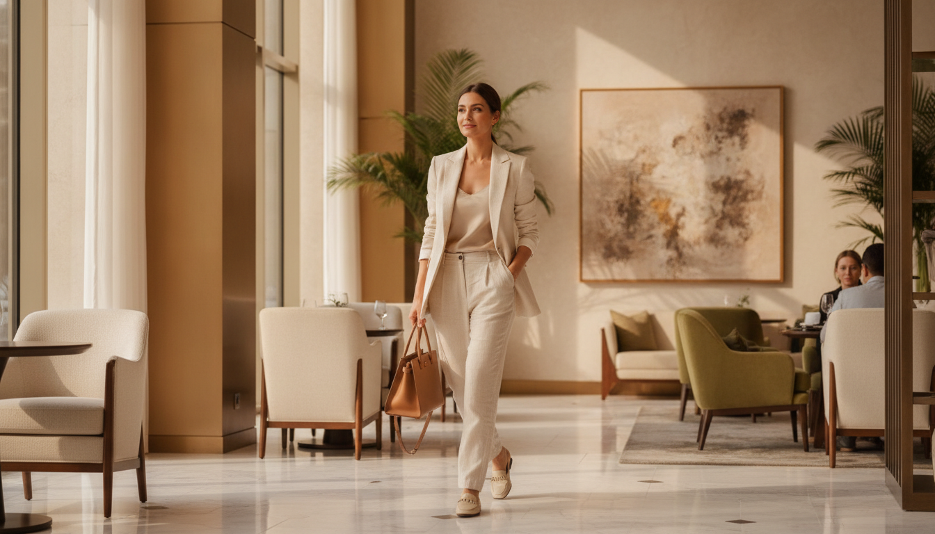 Selbstbewusste Frau betritt tagsüber eine elegante Hotel-Lobby zum ersten Treffen