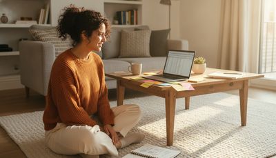 Junge Frau plant Nebenverdienst-Ideen am Laptop im sonnigen Wohnzimmer