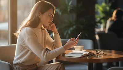Junge Frau prüft nachdenklich ihr Smartphone an einem sonnigen Café-Tisch